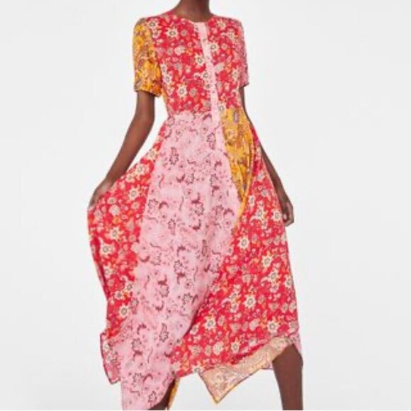 Zara Patchwork Long Maxi Handkerchief Paisley Button Front Dress Women's Size S - Picture 1 of 8